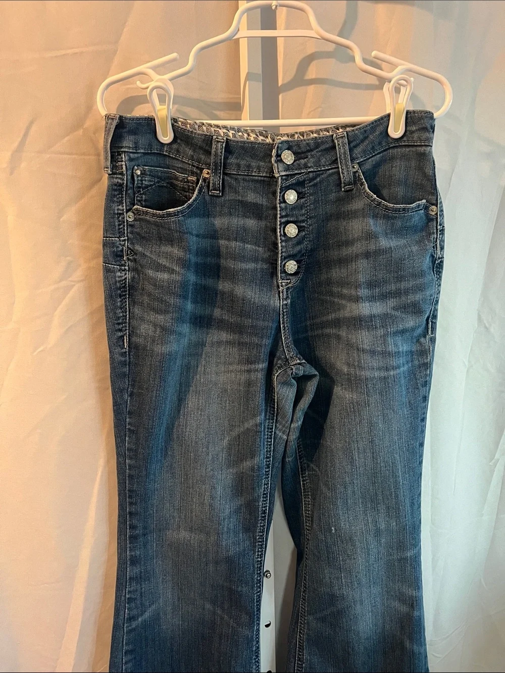 Ariat Dark Blue High Ruse Flare Jeans with Raw Hem 12” Flare Button Fly - Picture 11 of 16